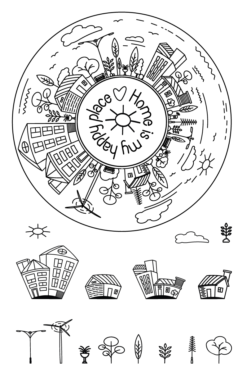 Selbstklebende Siebdruck-Schablone -„Wohlfühlzuhause – Verspieltes Stadt- und Naturmotiv“