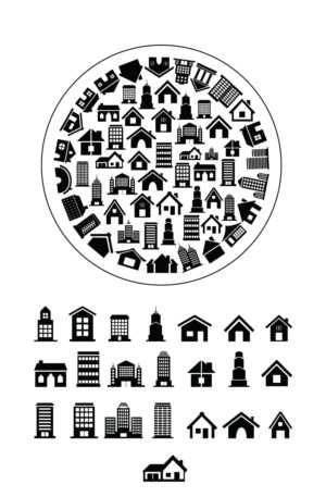 „Häuser-Mix Groß –  Selbstklebende Siebdruck Schablone City & Home“
