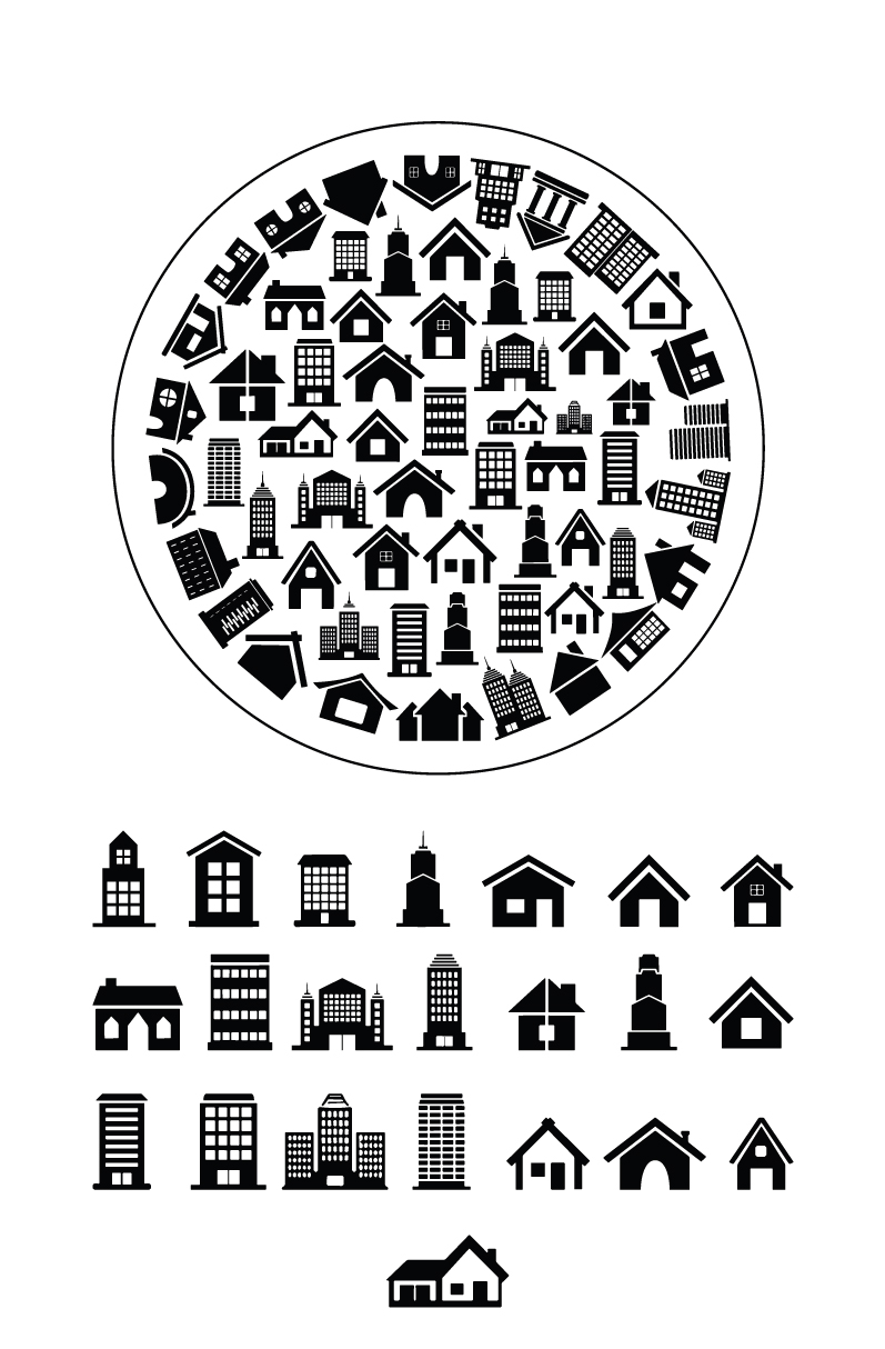 „Häuser-Mix Groß – Selbstklebende Siebdruck Schablone City & Home“