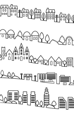 Dorf & Stadt in Lineart - Selbstklebende Siebdruck-Schablone