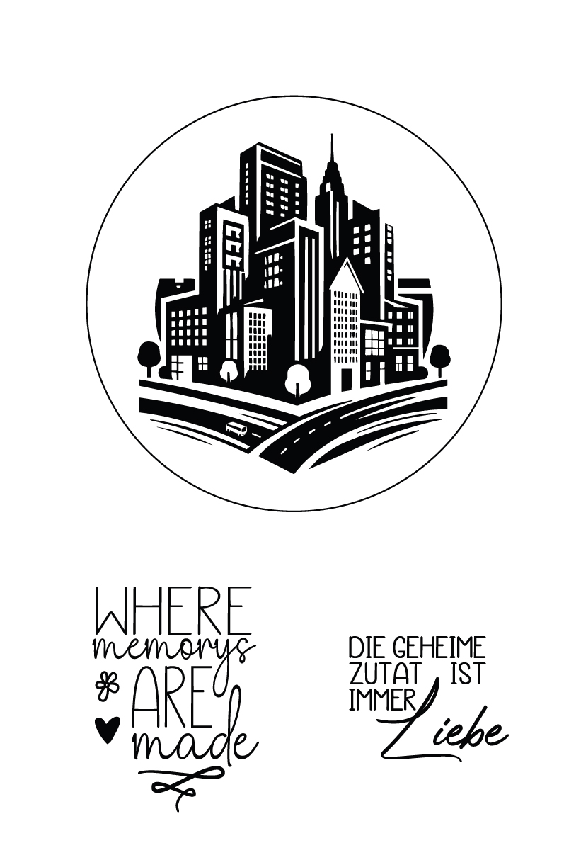 Citylove – Moderne Skyline mit Text - Selbstklebende Siebdruck-Schablone