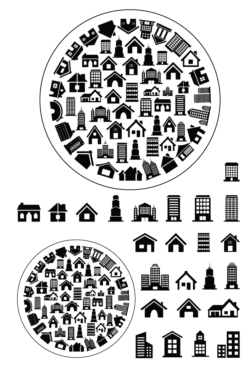 Häuser Vielfalt – Kreativschablone Rund - Selbstklebende Siebdruck-Schablone
