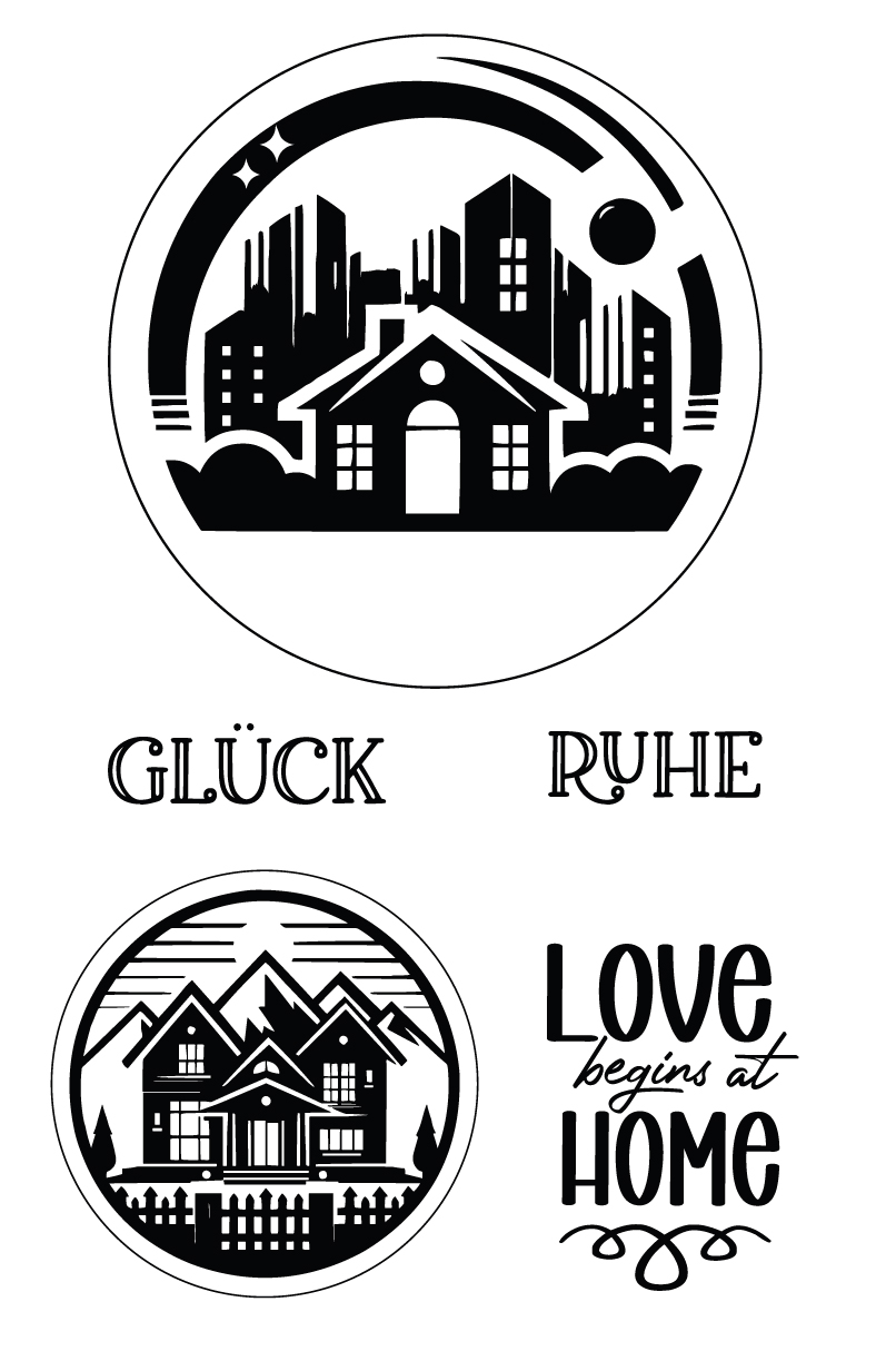 City • Home • Harmony - Love begins at home - Glück-Ruhe - Selbstklebende Siebdruck-Schablone